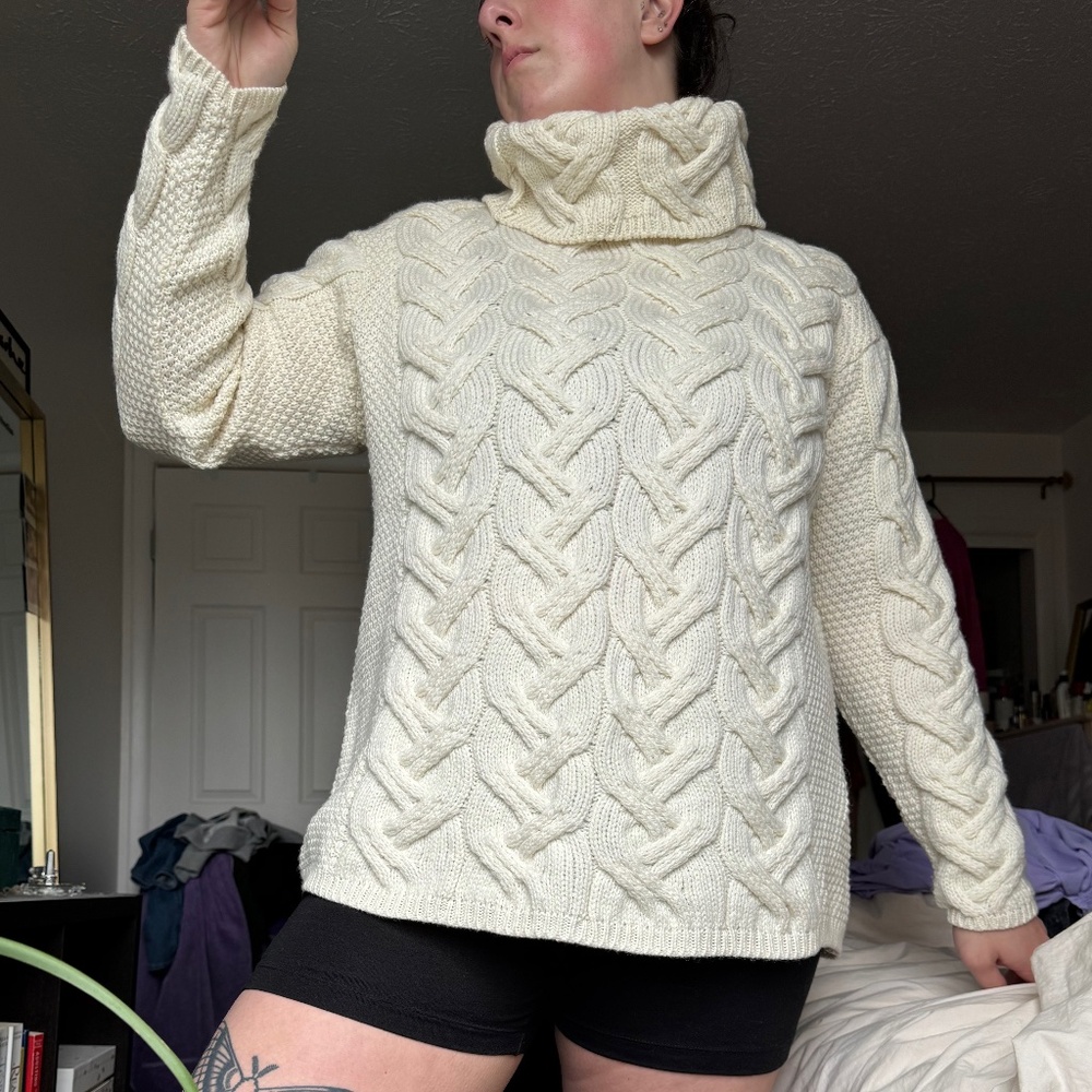 Super Soft Cable Cowl Neck Aran - Authentic Irish Wool Sweater - XXL